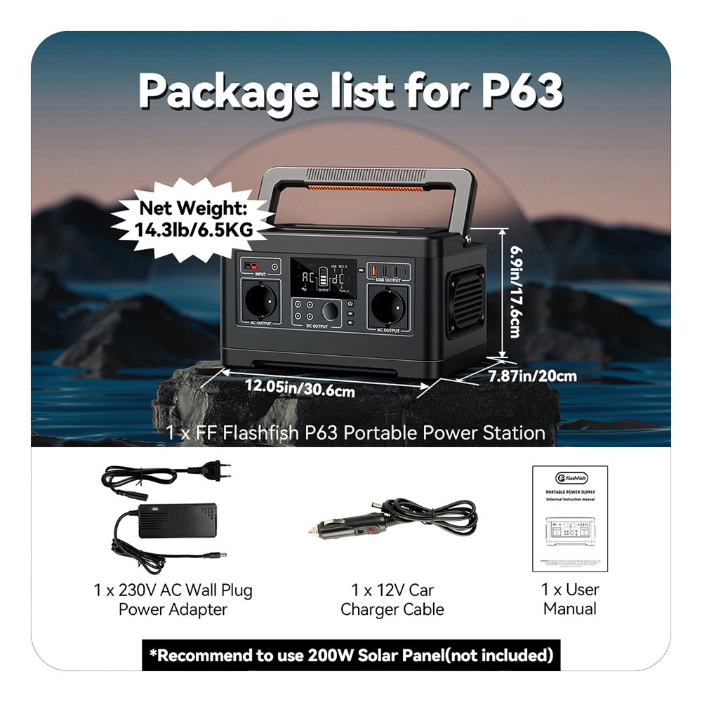 Přenosná elektrárna Flashfish P63, solární generátor s lithiovou baterií 520 Wh/140 400 mAh, výstup 500 W AC, 5x DC výstupy, 4x USB výstupy