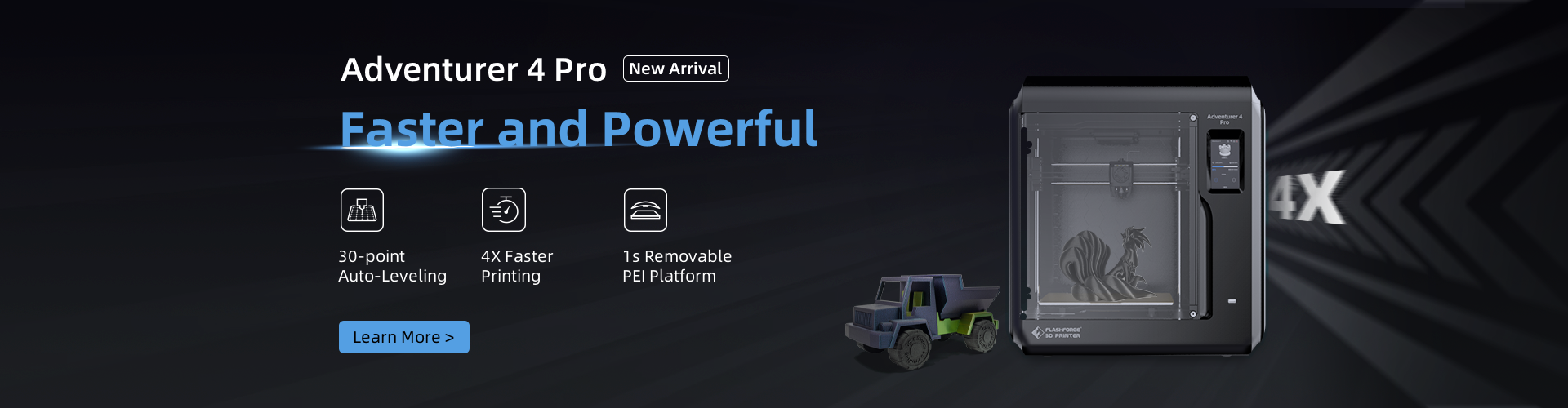 3D tiskárna Flashforge Adventurer 4 Pro, 30bodové automatické nivelace, maximální rychlost tisku 300 mm/s, vestavěná kamera, vzduchový filtr HEPA 13, konstrukční deska PEI, 220*200*250 mm