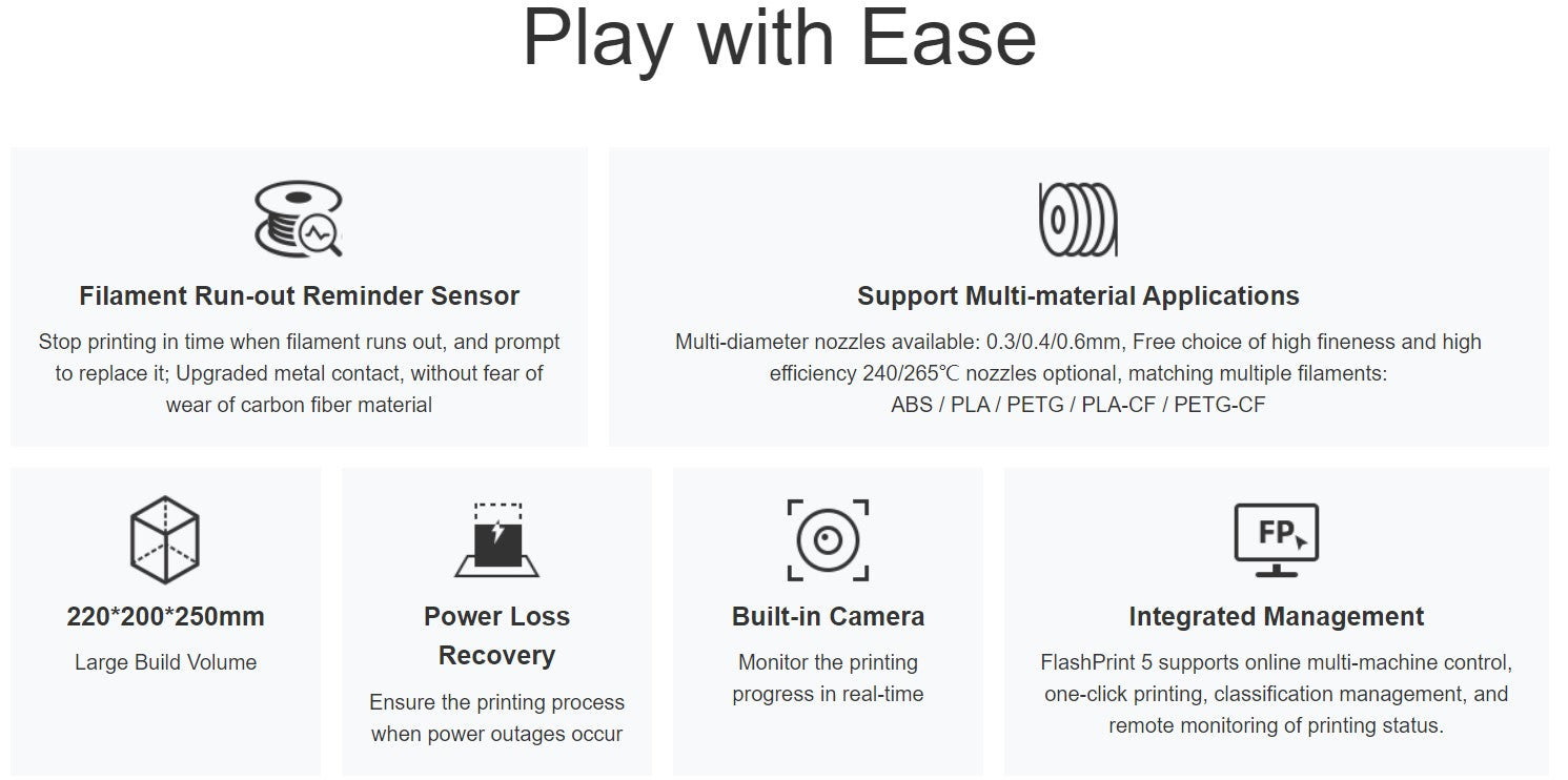 3D tiskárna Flashforge Adventurer 4 Pro, 30bodové automatické nivelace, maximální rychlost tisku 300 mm/s, vestavěná kamera, vzduchový filtr HEPA 13, PEI konstrukční deska, 220*200*250 mm