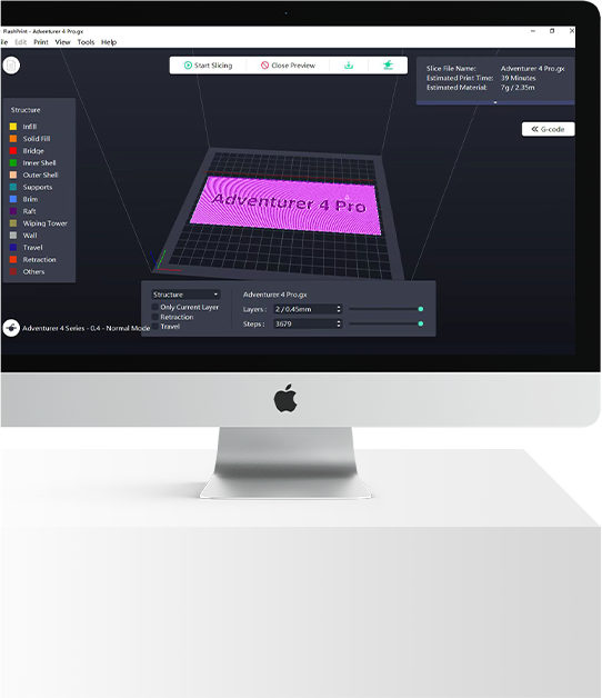 3D tiskárna Flashforge Adventurer 4 Pro, 30bodové automatické nivelace, maximální rychlost tisku 300 mm/s, vestavěná kamera, vzduchový filtr HEPA 13, konstrukční deska PEI, 220*200*250 mm
