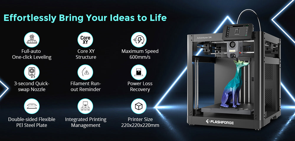 3D tiskárna Flashforge Adventurer 5M, automatické nivelace, maximální rychlost sprintu 600 mm/s, připomenutí vybití filamentu, obnova po výpadku napájení, 4,3palcový dotykový LCD displej, WiFi připojení, 220x220x220 mm