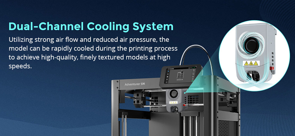 3D tiskárna Flashforge Adventurer 5M, automatické nivelace, maximální rychlost sprintu 600 mm/s, připomenutí vybití filamentu, obnova po výpadku napájení, 4,3palcový dotykový LCD displej, WiFi připojení, 220x220x220 mm