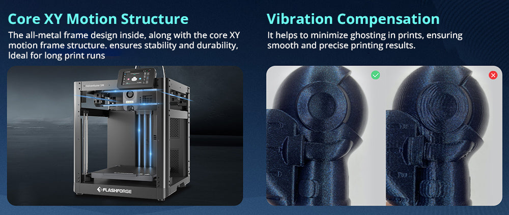 3D tiskárna Flashforge Adventurer 5M, automatické nivelace, maximální rychlost sprintu 600 mm/s, připomenutí vybití filamentu, obnova po výpadku napájení, 4,3palcový dotykový LCD displej, WiFi připojení, 220x220x220 mm