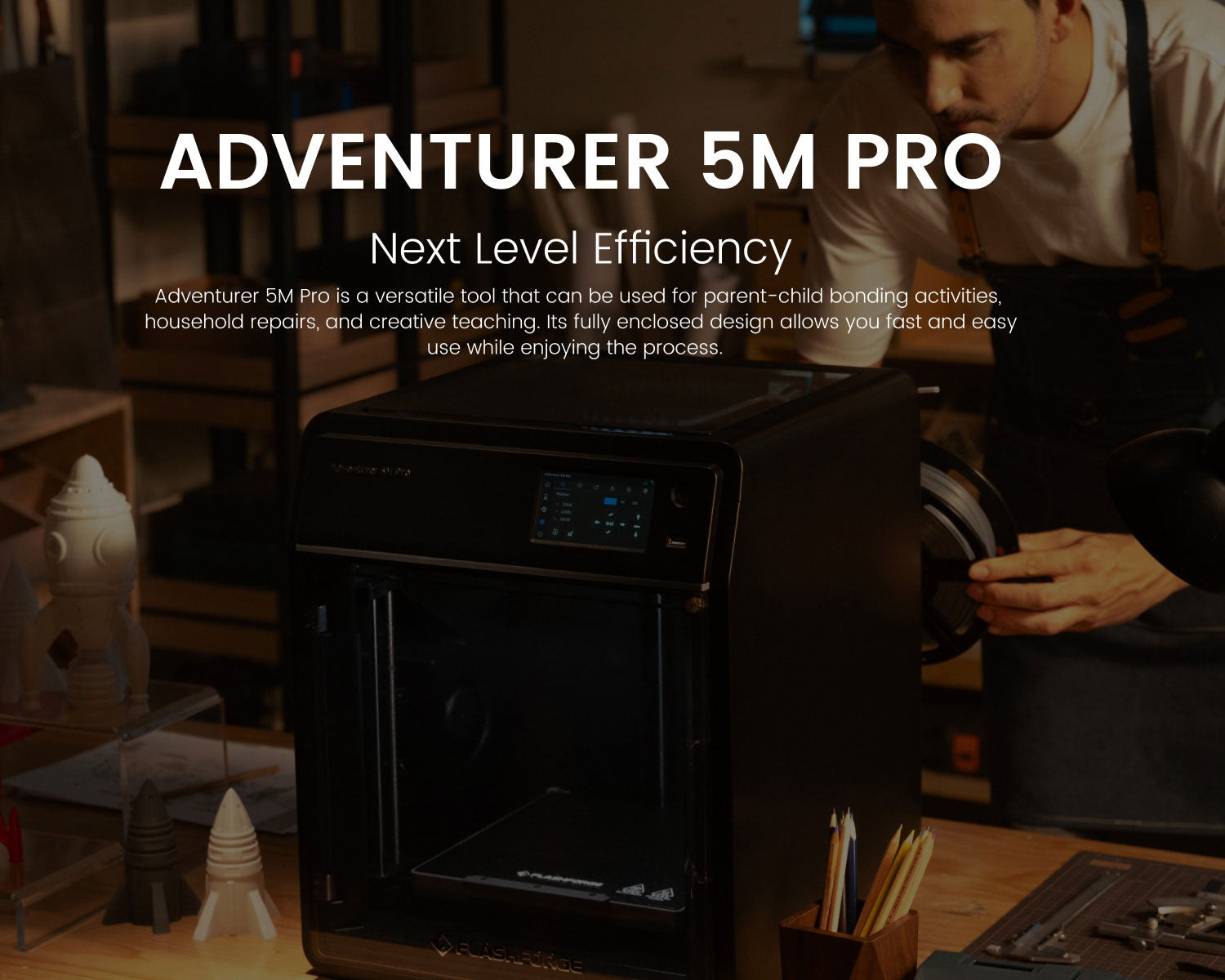 3D tiskárna Flashforge Adventurer 5M Pro, automatické nivelace, maximální rychlost tisku 600 mm/s, vzdálené sledování kamery, připomenutí došlého filamentu, systém duální filtrace vzduchu, automatické vypnutí, tichý tisk 50 dB, WiFi připojení, 220x220x220 mm