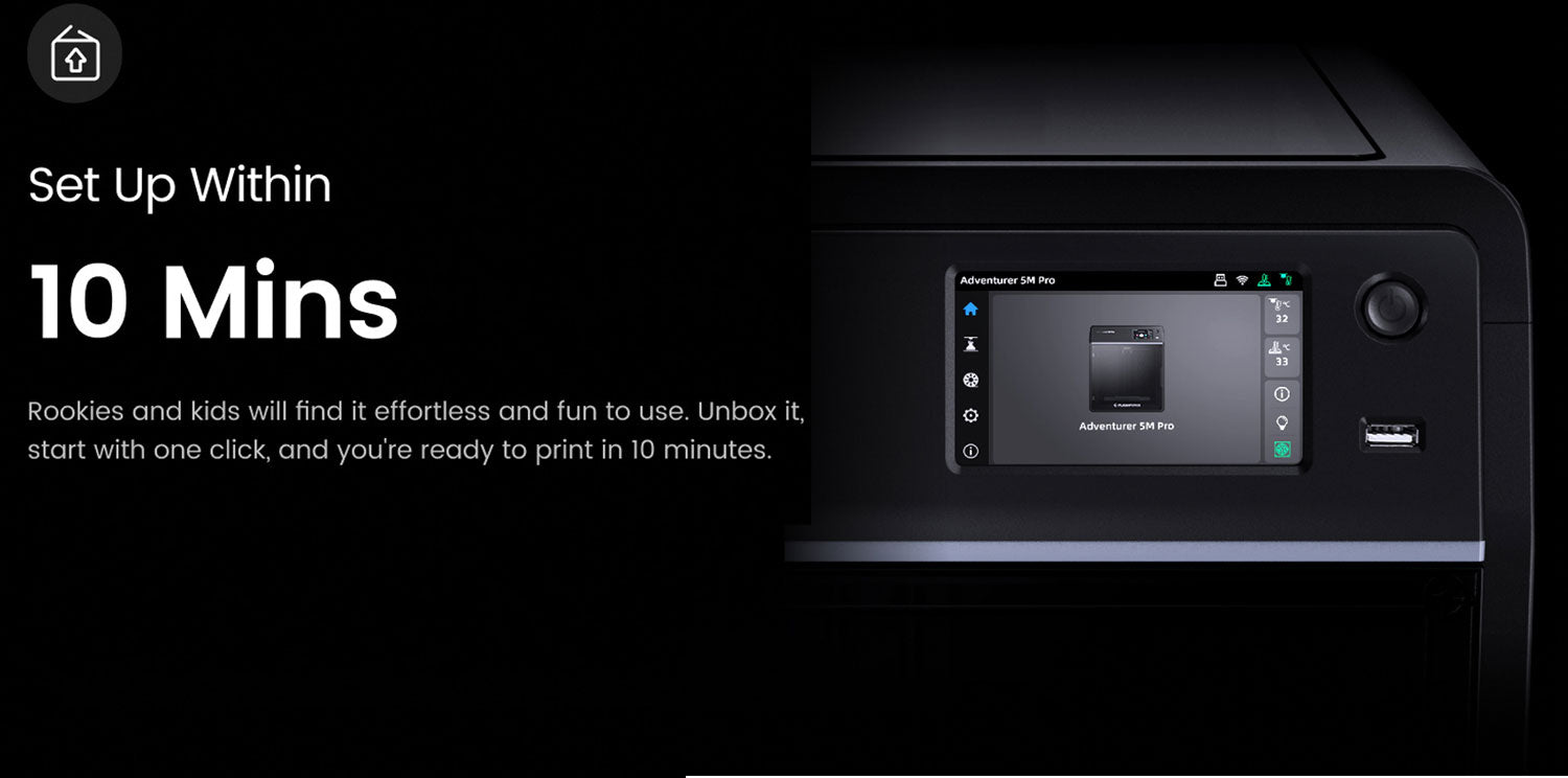 3D tiskárna Flashforge Adventurer 5M Pro, automatické nivelace, maximální rychlost tisku 600 mm/s, vzdálené sledování kamery, připomenutí došlého filamentu, systém duální filtrace vzduchu, automatické vypnutí, tichý tisk 50 dB, WiFi připojení, 220x220x220 mm