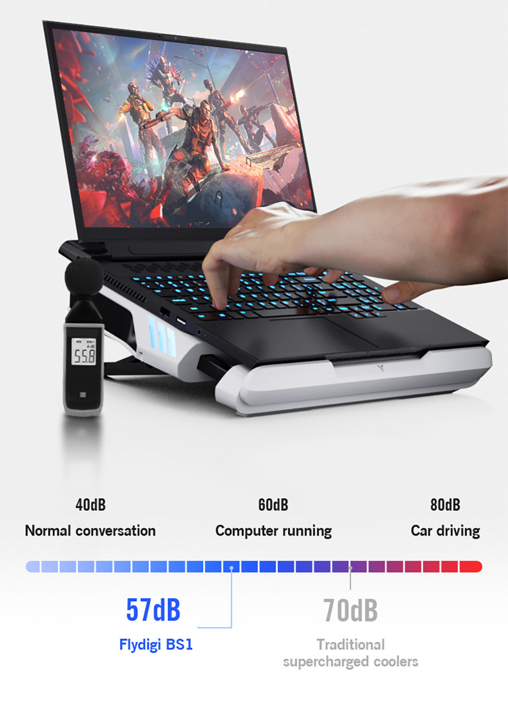 Chladicí základna pro notebook Flydigi BS1, 4 režimy chlazení, inteligentní regulace teploty s proměnnou frekvencí