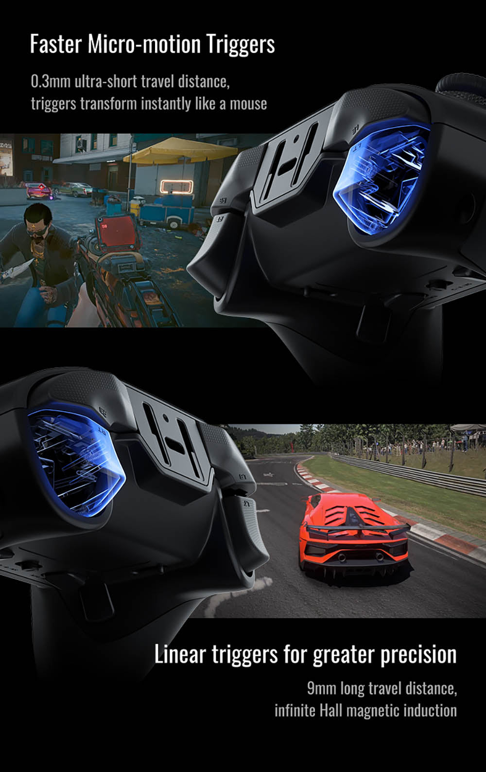 Herní ovladač Flydigi Vader 4 Pro, joystick s páčkou pro nastavení síly, Hall a Micro spouštěče 2 v 1, frekvence dotazování 1000 Hz, kompatibilní s PC, NS, TV, Androidem a notebookem