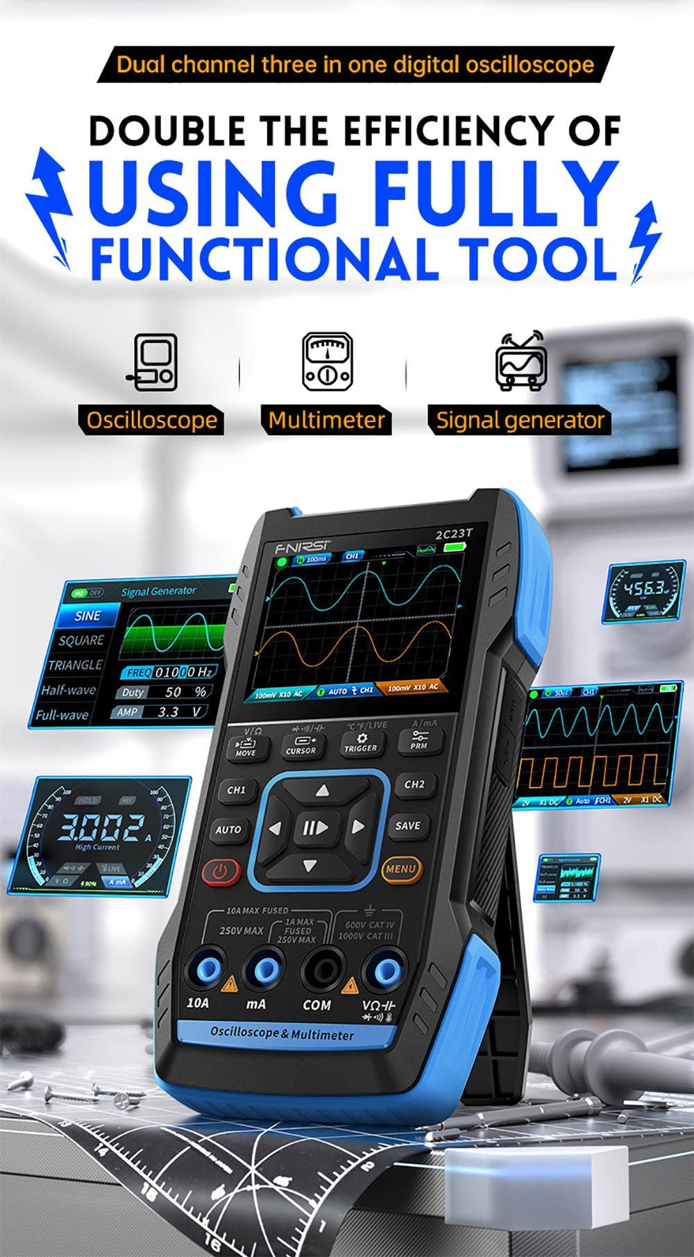 FNIRSI 2C23T 3 v 1 digitální osciloskopový multimetrový generátor signálu, 2 kanály, šířka pásma 10 MHz, vzorkovací frekvence 50 MSa/s, 9999 číslic