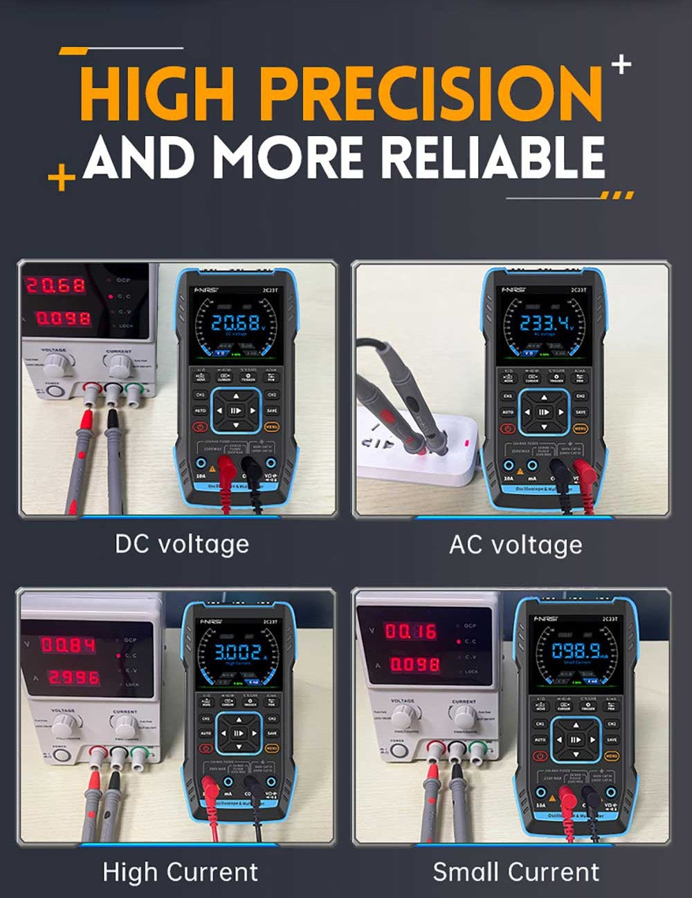 FNIRSI 2C23T 3 v 1 digitální osciloskopový multimetrový generátor signálu, 2 kanály, šířka pásma 10 MHz, vzorkovací frekvence 50 MSa/s, 9999 číslic