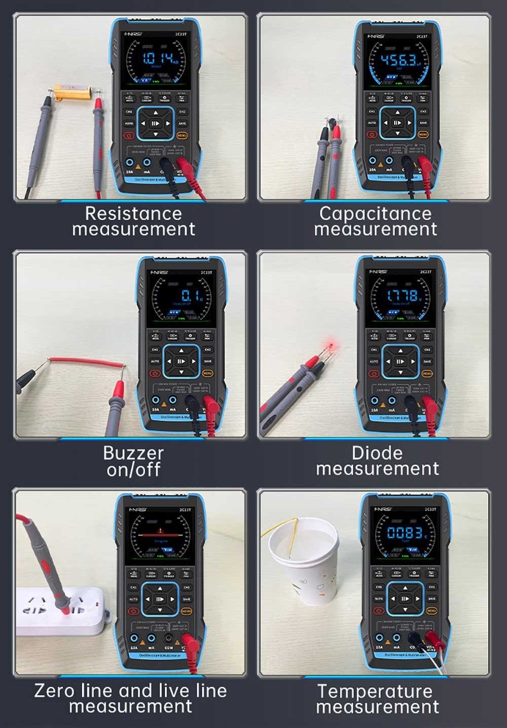 FNIRSI 2C23T 3 v 1 digitální osciloskopový multimetrový generátor signálu, 2 kanály, šířka pásma 10 MHz, vzorkovací frekvence 50 MSa/s, 9999 číslic