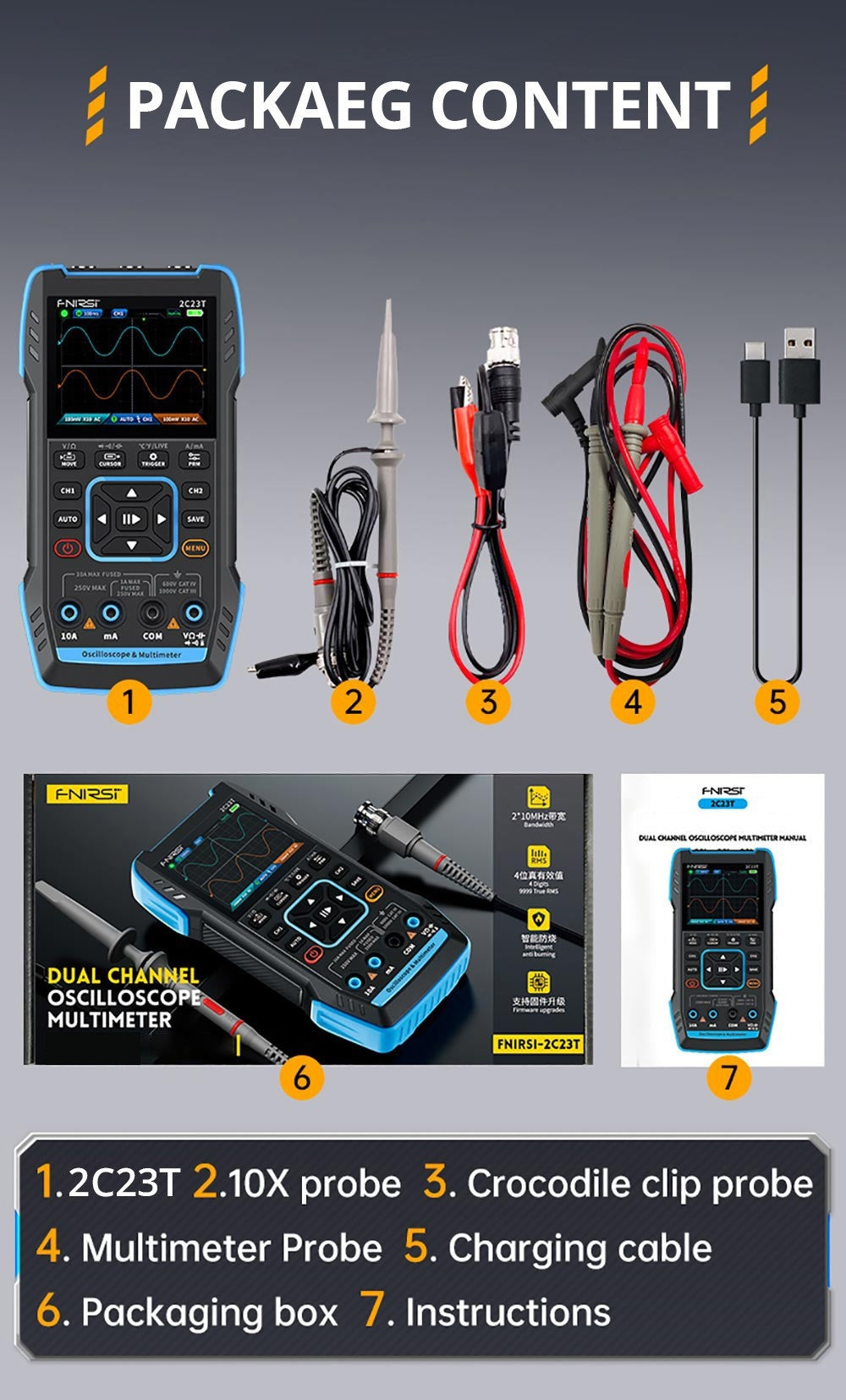 FNIRSI 2C23T 3 v 1 digitální osciloskopový multimetrový generátor signálu, 2 kanály, šířka pásma 10 MHz, vzorkovací frekvence 50 MSa/s, 9999 číslic