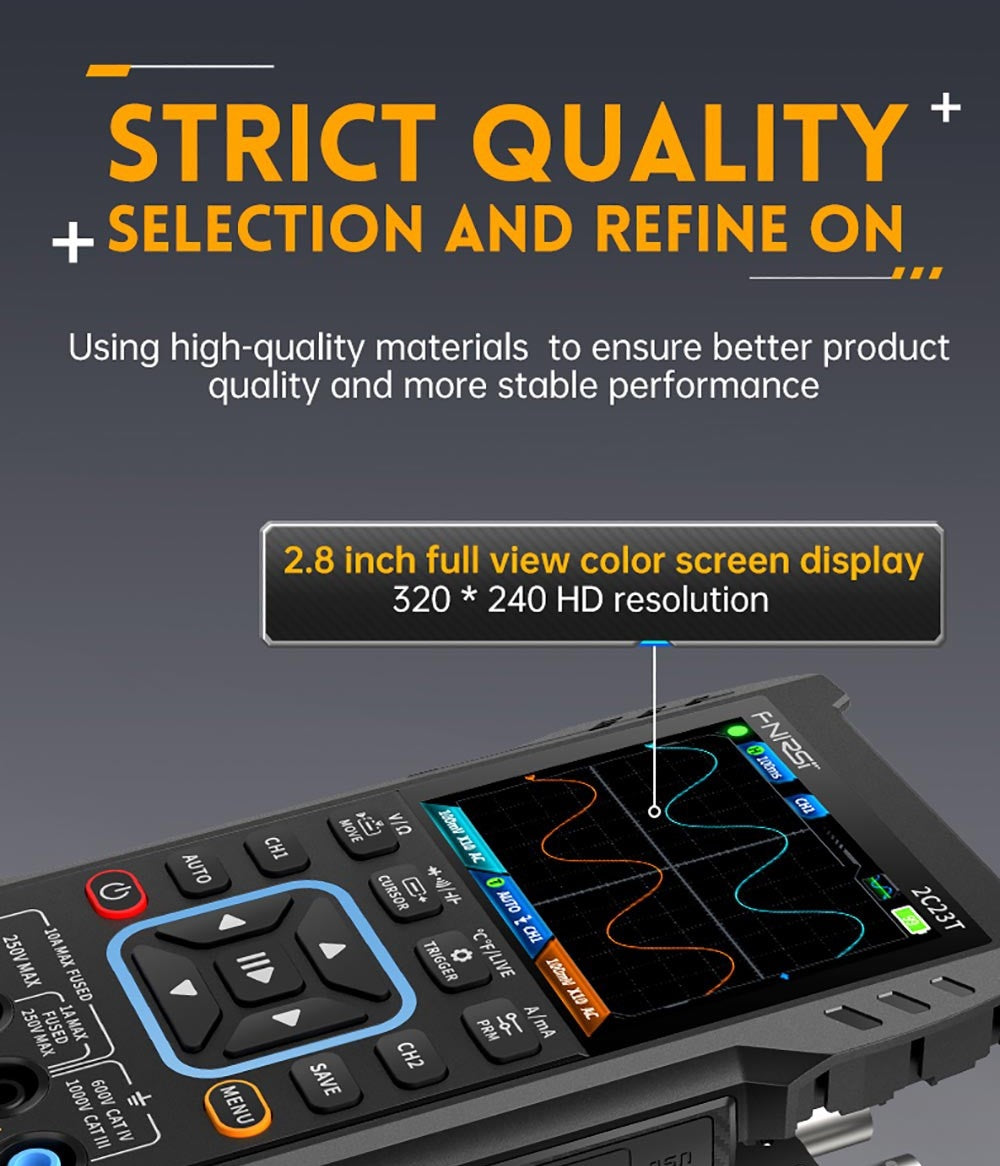 FNIRSI 2C23T 3 v 1 digitální osciloskopový multimetrový generátor signálu, 2 kanály, šířka pásma 10 MHz, vzorkovací frekvence 50 MSa/s, 9999 číslic