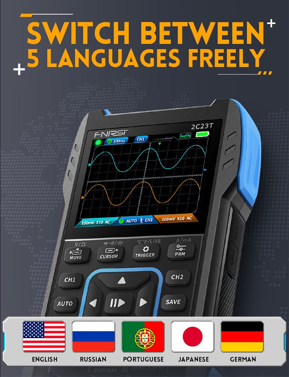 FNIRSI 2C23T 3 v 1 digitální osciloskopový multimetrový generátor signálu, 2 kanály, šířka pásma 10 MHz, vzorkovací frekvence 50 MSa/s, 9999 číslic