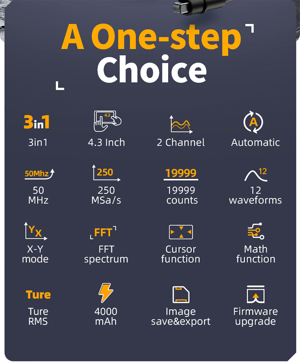 FNIRSI 2C53P Přenosný digitální osciloskop-multimetr, generátor signálu, 4,3palcový IPS dotykový displej, 3 v 1 2 kanály 50MHz, 250Ms/S, 19999 čítačů - modrý