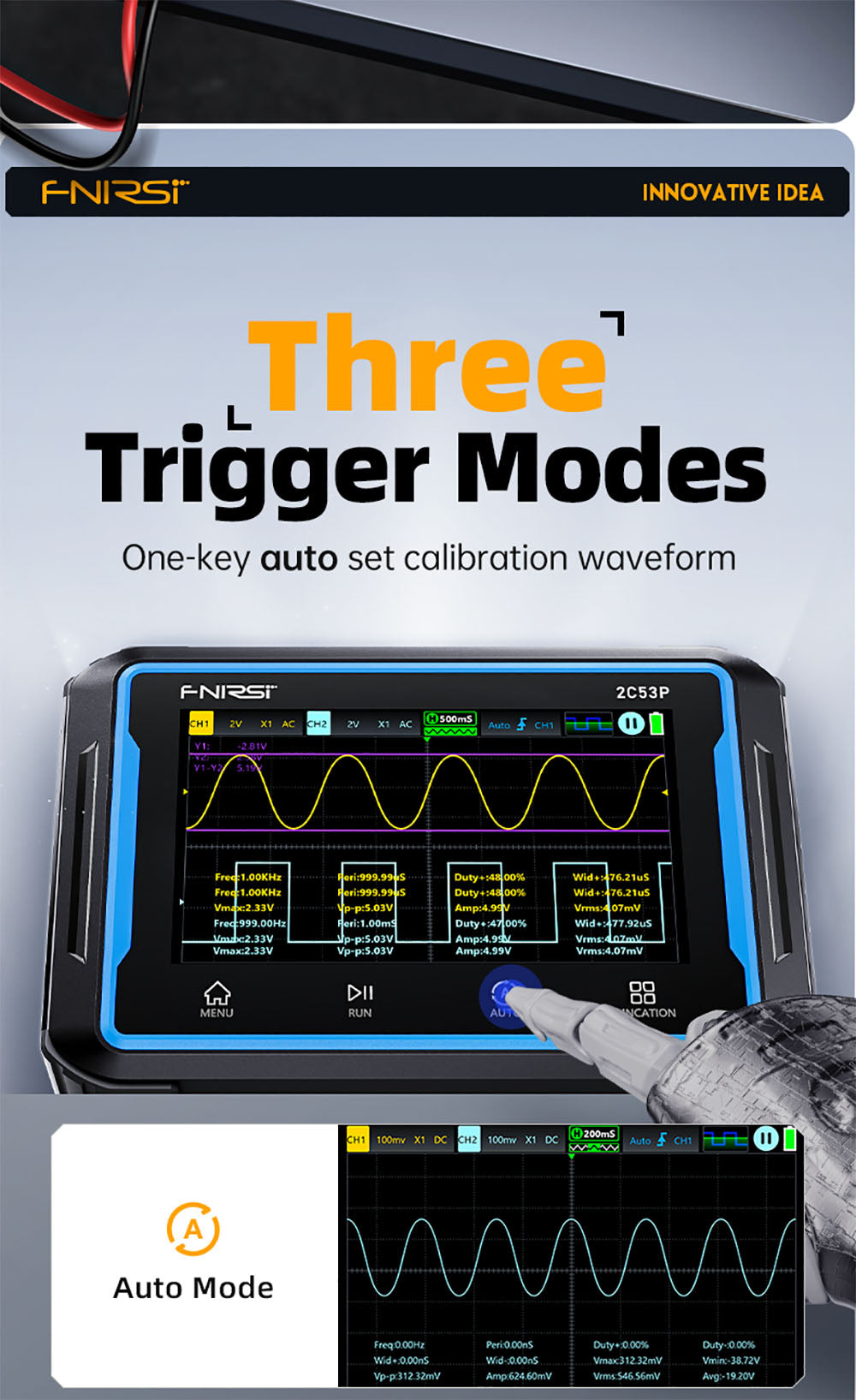 FNIRSI 2C53P Přenosný digitální osciloskop-multimetr, generátor signálu, 4,3palcový IPS dotykový displej, 3 v 1 2 kanály 50MHz, 250Ms/S, 19999 číslic - modrý