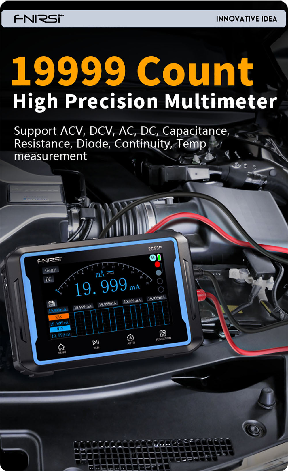 FNIRSI 2C53P Přenosný digitální osciloskop-multimetr, generátor signálu, 4,3palcový IPS dotykový displej, 3 v 1 2 kanály 50MHz, 250Ms/S, 19999 číslic - modrý