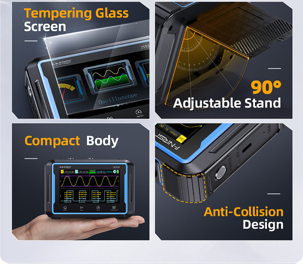 FNIRSI 2C53P Přenosný digitální osciloskop-multimetr, generátor signálu, 4,3palcový IPS dotykový displej, 3 v 1 2 kanály 50MHz, 250Ms/S, 19999 číslic - modrý