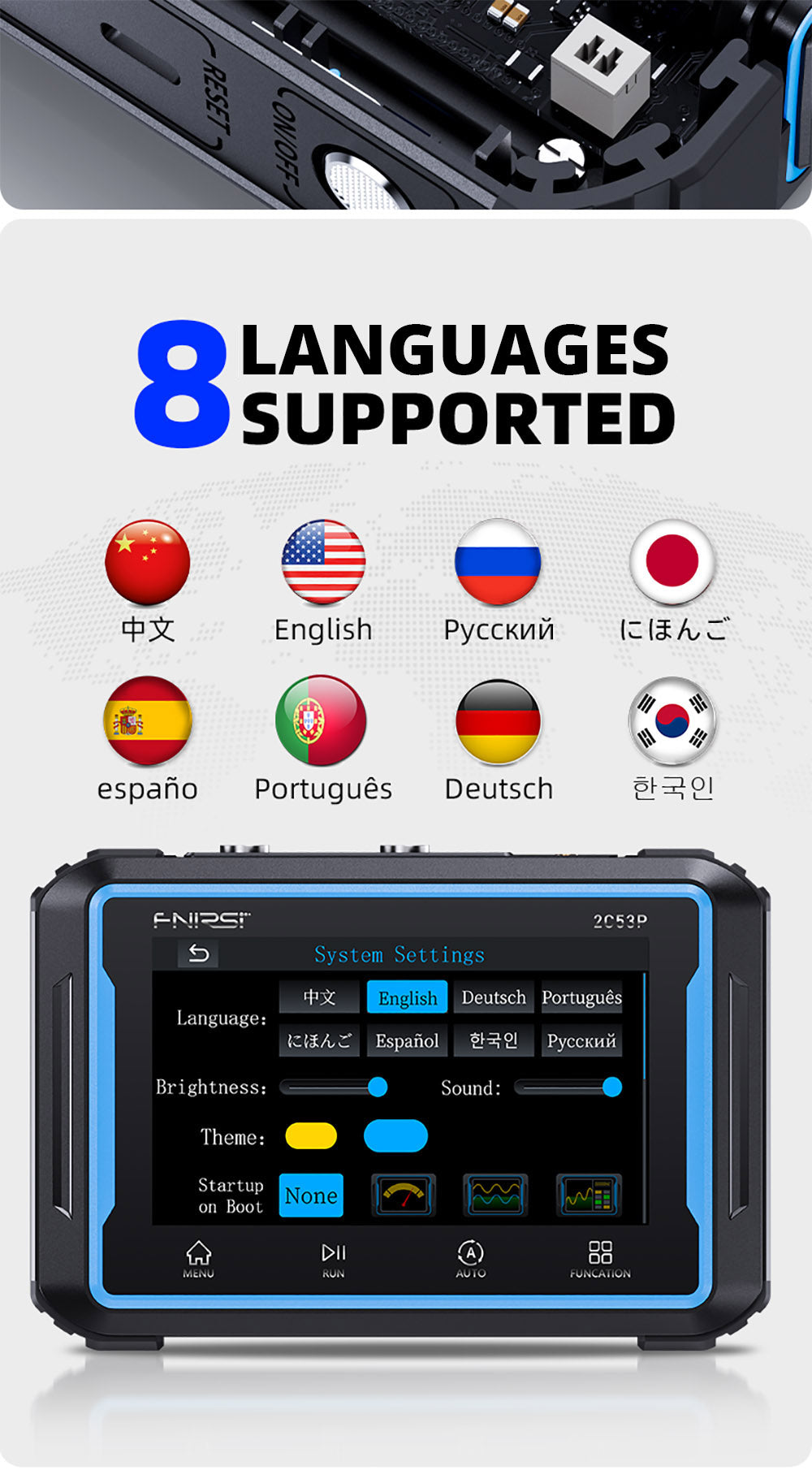 FNIRSI 2C53P Přenosný digitální osciloskop-multimetr, generátor signálu, 4,3palcový IPS dotykový displej, 3 v 1 2 kanály 50MHz, 250Ms/S, 19999 číslic - modrý