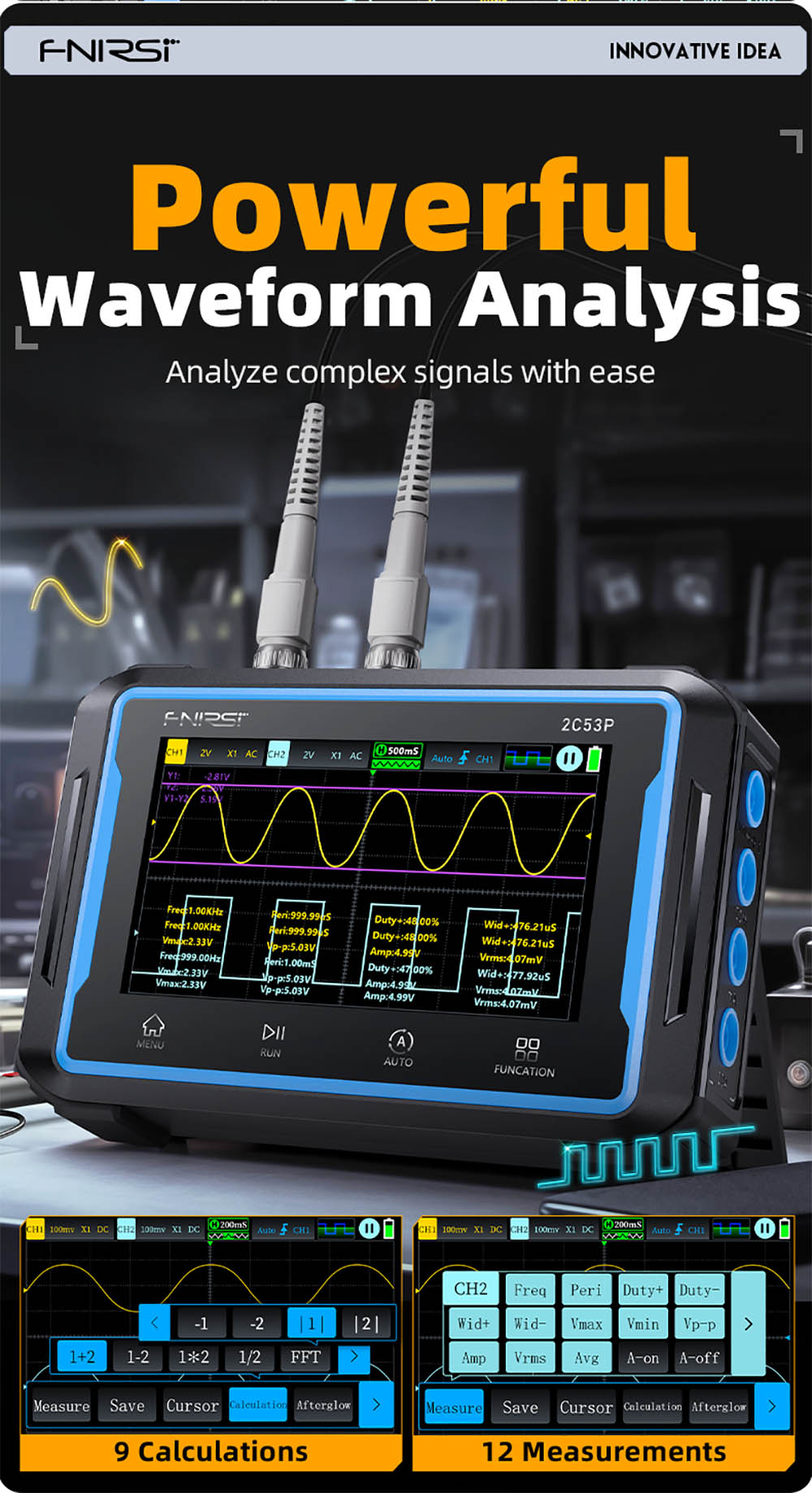 FNIRSI 2C53P Přenosný digitální osciloskop-multimetr, generátor signálu, 4,3palcový IPS dotykový displej, 3 v 1 2 kanály 50MHz, 250Ms/S, 19999 čítačů - modrý