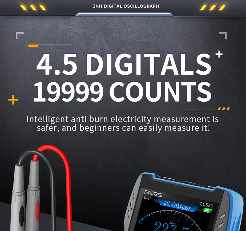 FNIRSI 2C53T 3v1 osciloskopový multimetr, generátor signálu, dvoukanálový, šířka pásma 50 MHz, vzorkovací frekvence 250 MS/s, 19999 číslic, napětí, proud, kondenzátor, rezistor, test diod - standardní verze