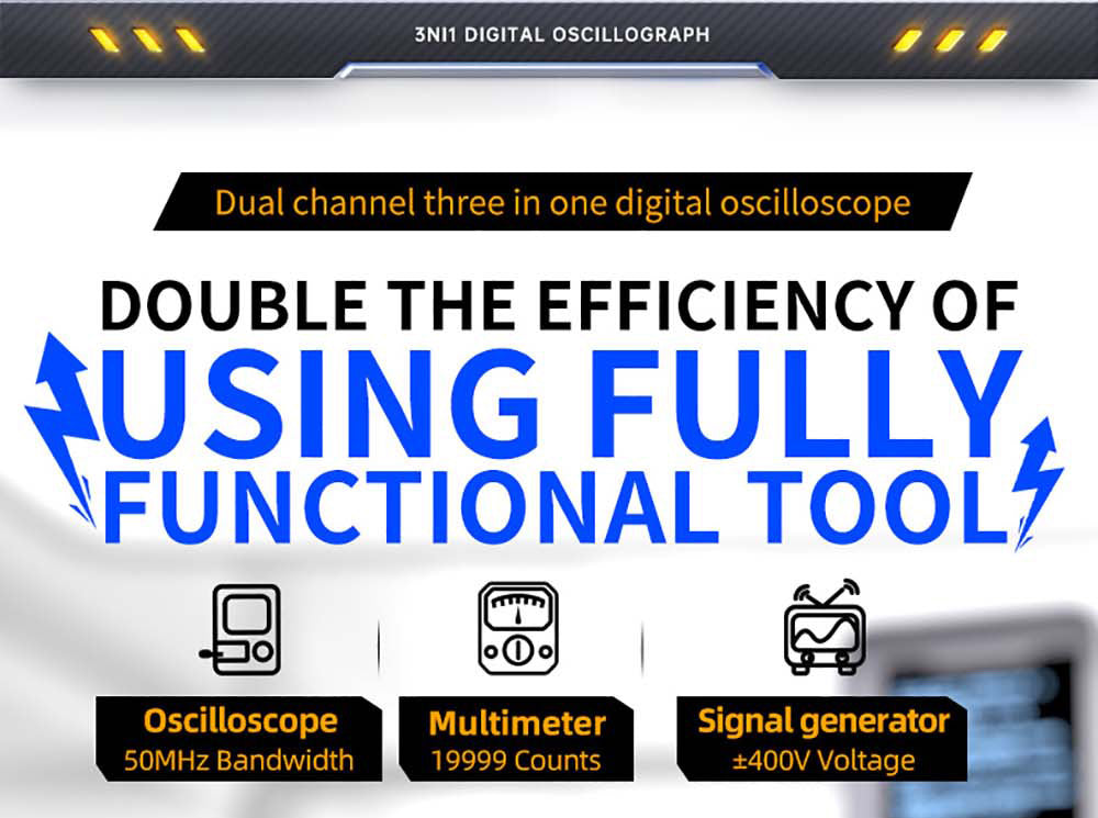 FNIRSI 2C53T 3v1 osciloskopový multimetr, generátor signálu, dvoukanálový, šířka pásma 50 MHz, vzorkovací frekvence 250 MS/s, 19999 číslic, napětí, proud, kondenzátor, rezistor, test diod - standardní verze
