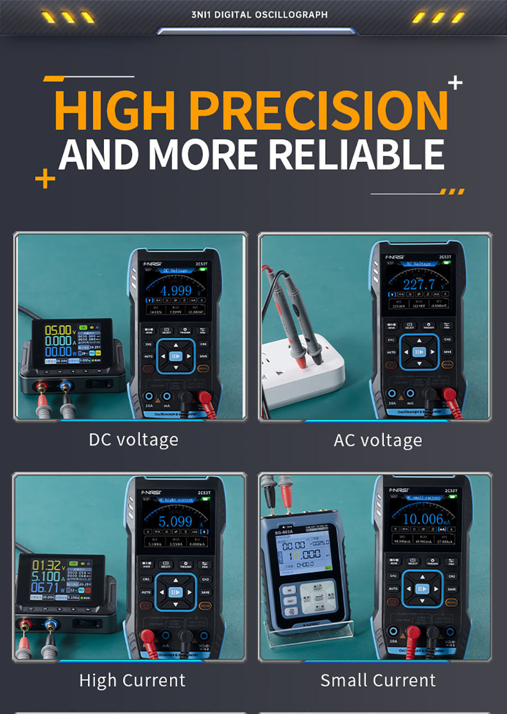 FNIRSI 2C53T 3v1 osciloskopový multimetr, generátor signálu, dvoukanálový, šířka pásma 50 MHz, vzorkovací frekvence 250 MS/s, 19999 číslic, napětí, proud, kondenzátor, rezistor, test diod - standardní verze