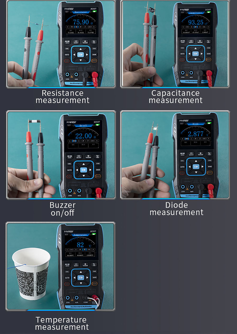 FNIRSI 2C53T 3v1 osciloskopový multimetr, generátor signálu, dvoukanálový, šířka pásma 50 MHz, vzorkovací frekvence 250 MS/s, 19999 číslic, napětí, proud, kondenzátor, rezistor, test diod - standardní verze
