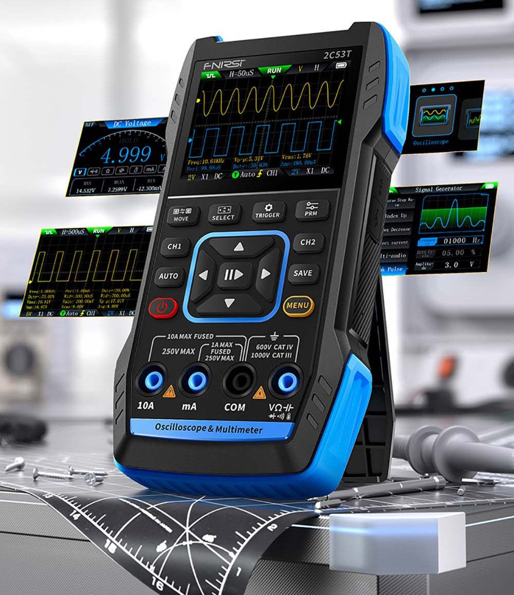 FNIRSI 2C53T 3v1 osciloskopový multimetr, generátor signálu, dvoukanálový, šířka pásma 50 MHz, vzorkovací frekvence 250 MS/s, 19999 číslic, napětí, proud, kondenzátor, rezistor, test diod - standardní verze