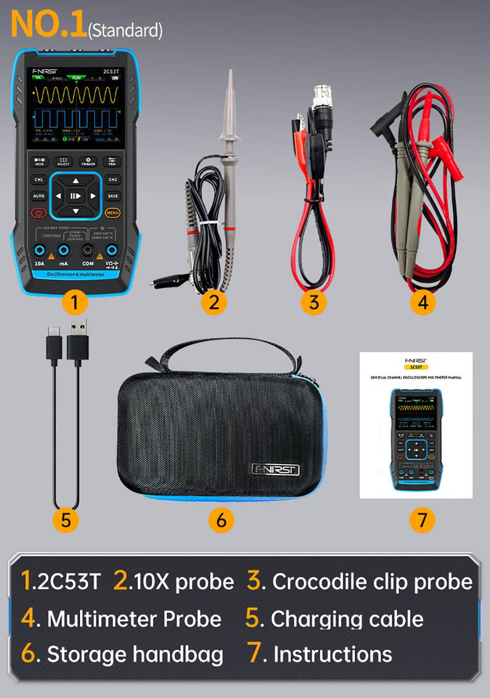 FNIRSI 2C53T 3v1 osciloskopový multimetr, generátor signálu, dvoukanálový, šířka pásma 50 MHz, vzorkovací frekvence 250 MS/s, 19999 číslic, napětí, proud, kondenzátor, rezistor, test diod - standardní verze