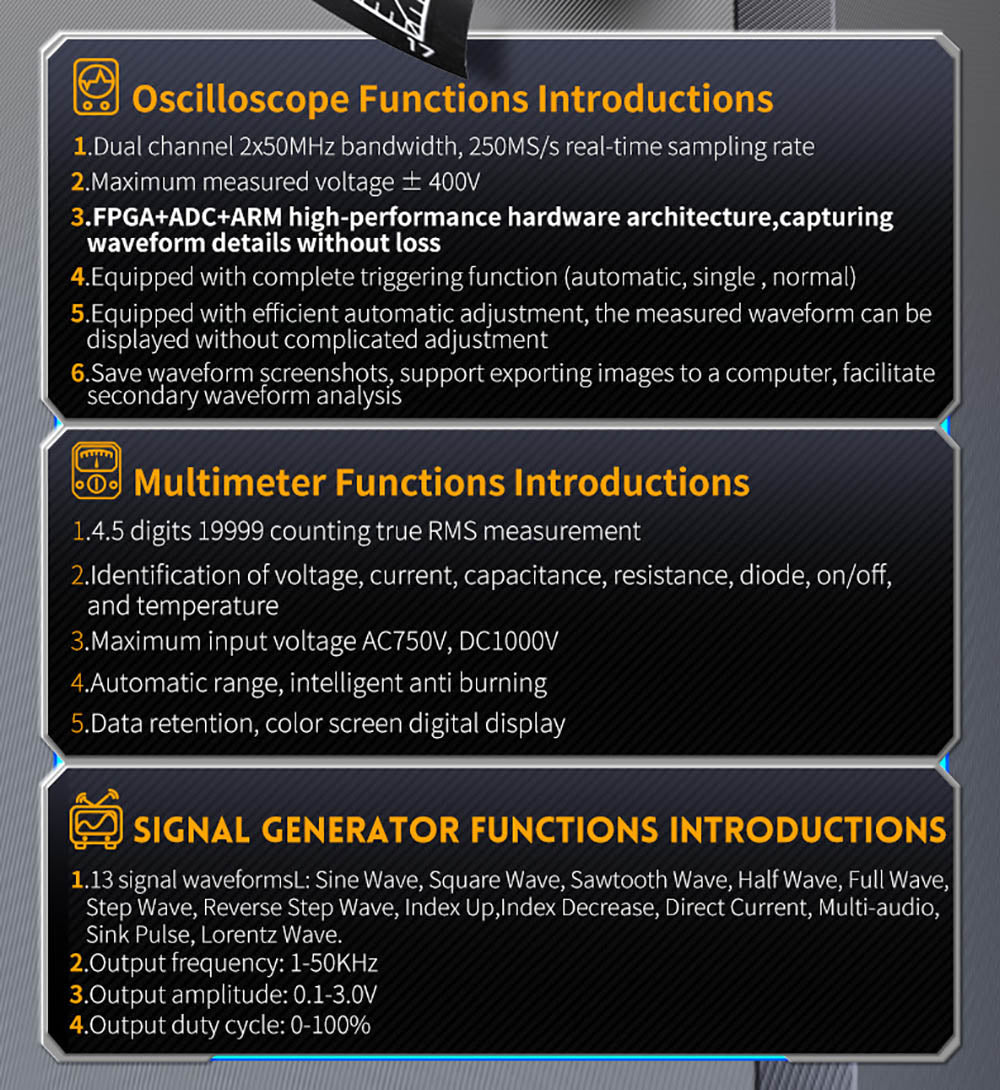 FNIRSI 2C53T 3v1 osciloskopový multimetr, generátor signálu, dvoukanálový, šířka pásma 50 MHz, vzorkovací frekvence 250 MS/s, 19999 číslic, napětí, proud, kondenzátor, rezistor, test diod - standardní verze
