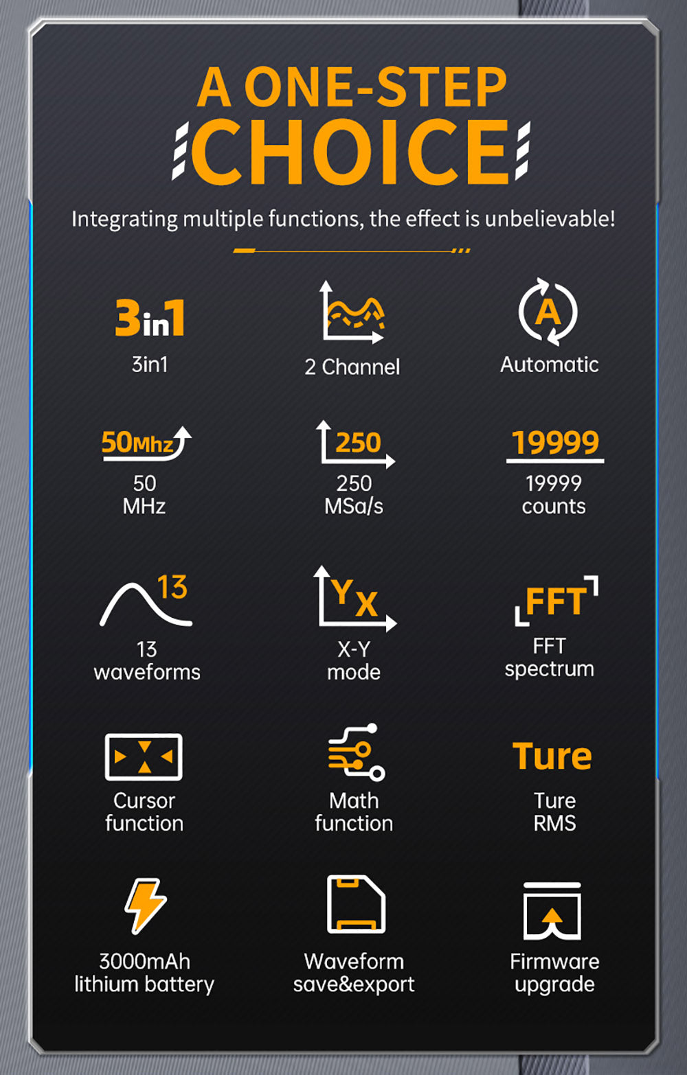 FNIRSI 2C53T 3v1 osciloskopový multimetr, generátor signálu, dvoukanálový, šířka pásma 50 MHz, vzorkovací frekvence 250 MS/s, 19999 číslic, napětí, proud, kondenzátor, rezistor, test diod - standardní verze