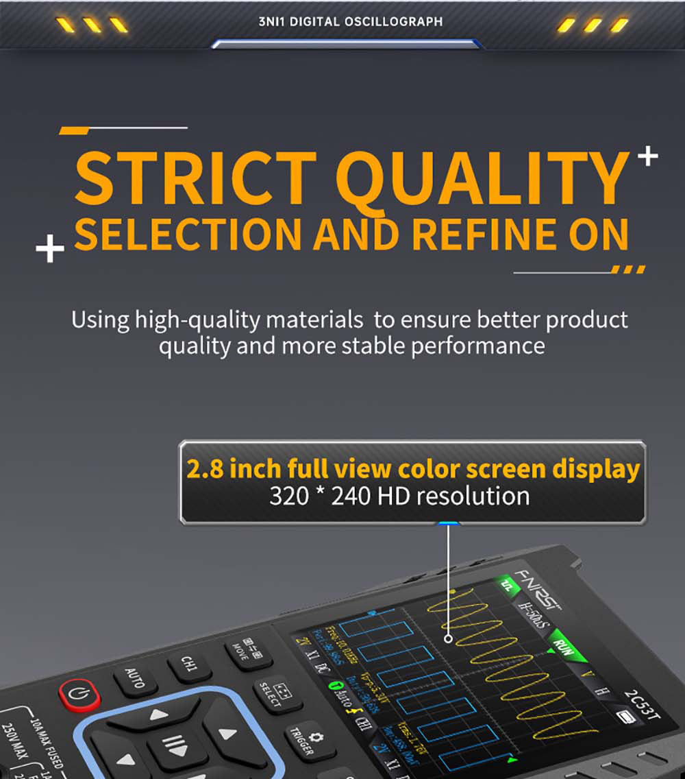 FNIRSI 2C53T 3v1 osciloskopový multimetr, generátor signálu, dvoukanálový, šířka pásma 50 MHz, vzorkovací frekvence 250 MS/s, 19999 číslic, napětí, proud, kondenzátor, rezistor, test diod - standardní verze