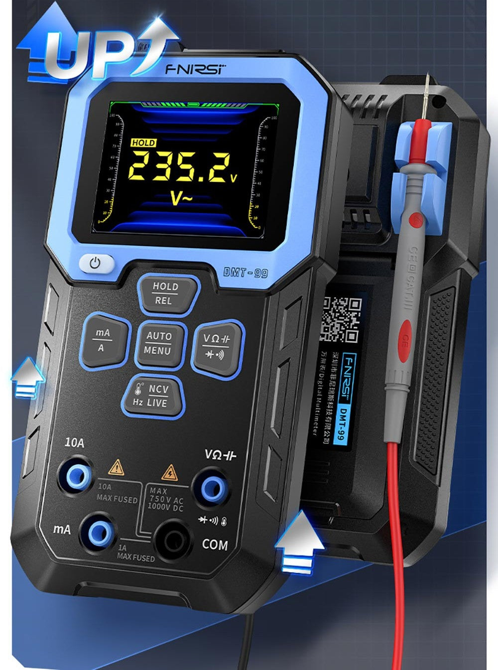 Ruční digitální multimetr FNIRSI DMT-99, 10000 číslic, 1000 V 10 A True RMS, automatický rozsah, měřič napětí AC/DC, měření NCV, dobíjecí baterie 1500 mAh