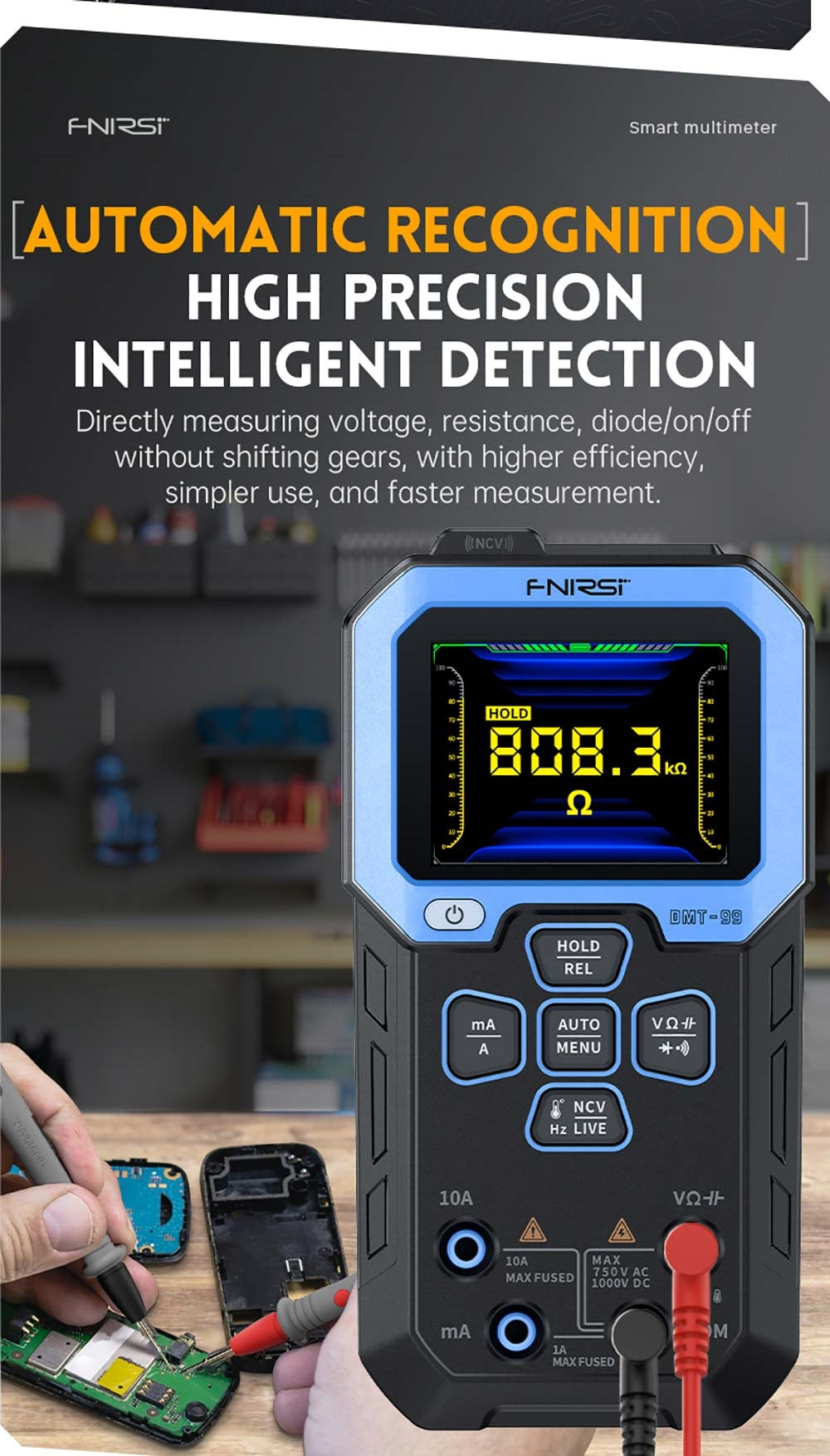Ruční digitální multimetr FNIRSI DMT-99, 10000 číslic, 1000 V 10 A True RMS, automatický rozsah, měřič napětí AC/DC, měření NCV, dobíjecí baterie 1500 mAh