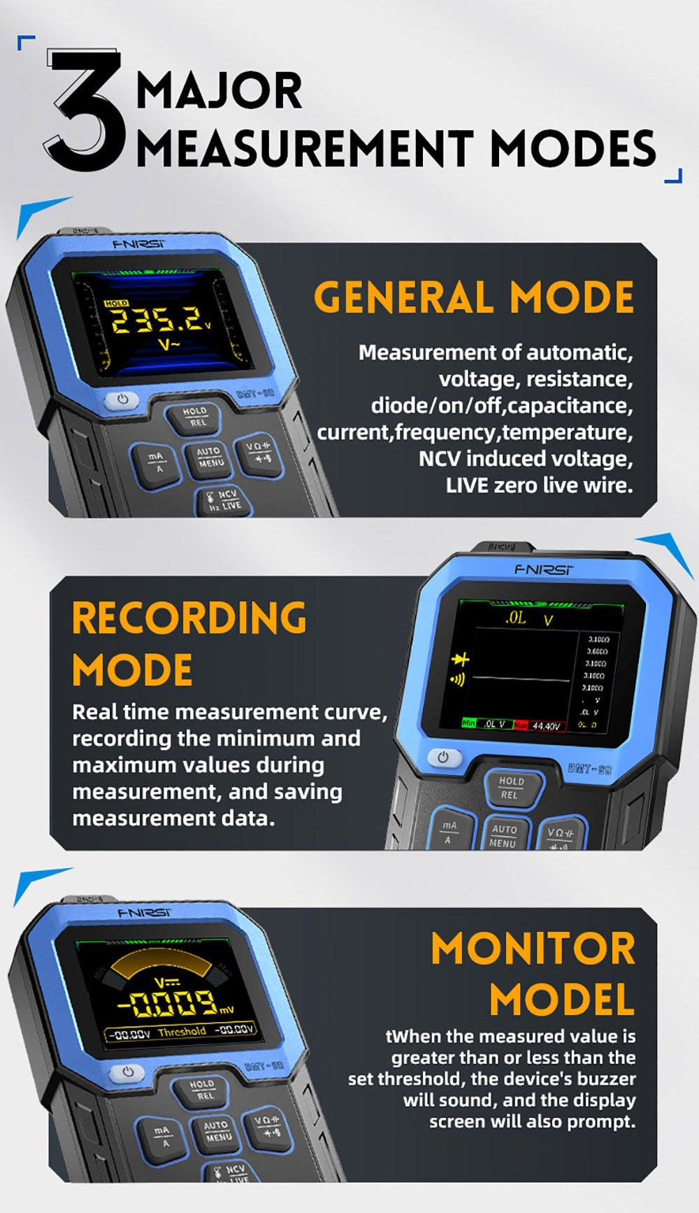 Ruční digitální multimetr FNIRSI DMT-99, 10000 číslic, 1000 V 10 A True RMS, automatický rozsah, měřič napětí AC/DC, měření NCV, dobíjecí baterie 1500 mAh