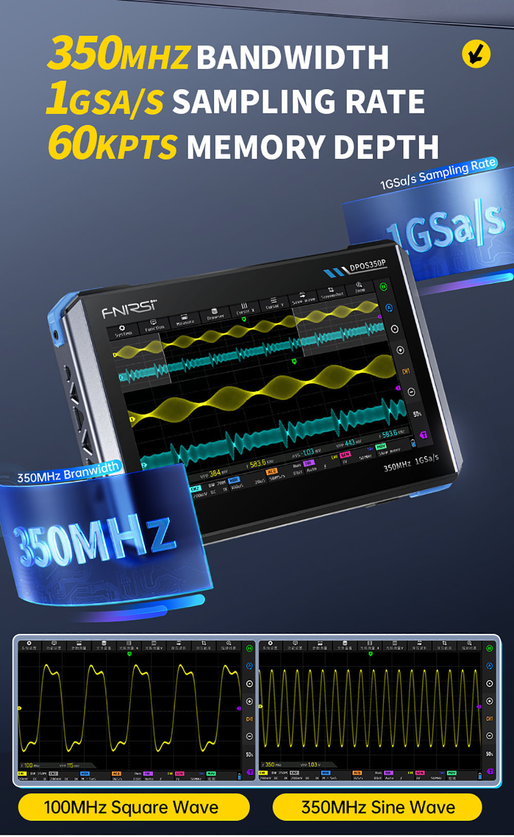 Tabletový osciloskop FNIRSI DPOS350P 4 v 1, vzorkování 1GSPS, generátor signálu 50 MHz, spektrální analyzátor, 7palcový dotykový displej, rychlé nabíjení QC18W - americká zástrčka