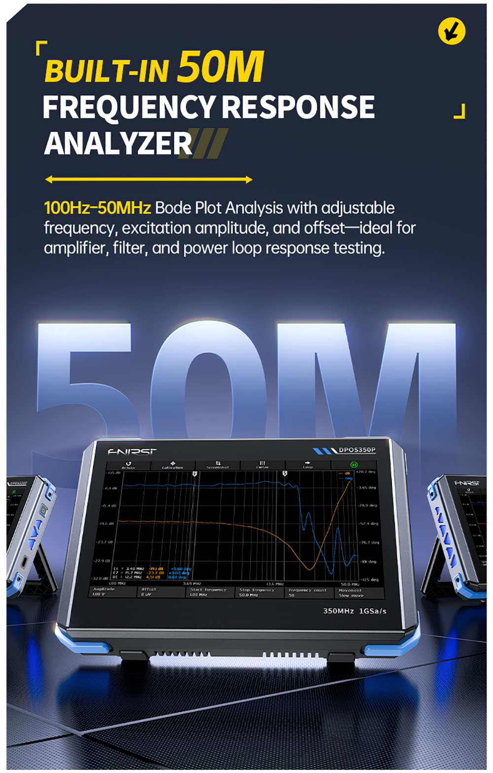 Tabletový osciloskop FNIRSI DPOS350P 4 v 1, vzorkování 1GSPS, generátor signálu 50 MHz, spektrální analyzátor, 7palcový dotykový displej, rychlé nabíjení QC18W - americká zástrčka