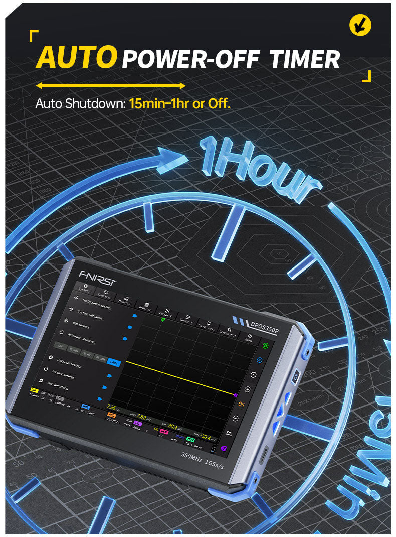 Tabletový osciloskop FNIRSI DPOS350P 4 v 1, vzorkování 1GSPS, generátor signálu 50 MHz, spektrální analyzátor, 7palcový dotykový displej, rychlé nabíjení QC18W - americká zástrčka