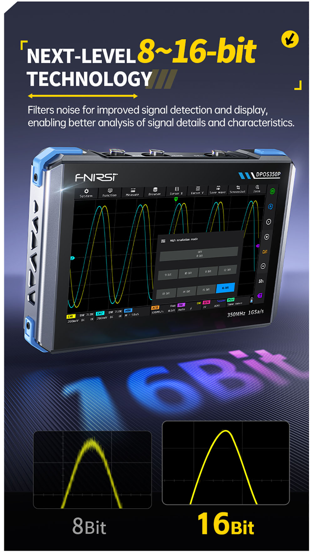 Tabletový osciloskop FNIRSI DPOS350P 4 v 1, vzorkování 1GSPS, generátor signálu 50 MHz, spektrální analyzátor, 7palcový dotykový displej, rychlé nabíjení QC18W - americká zástrčka