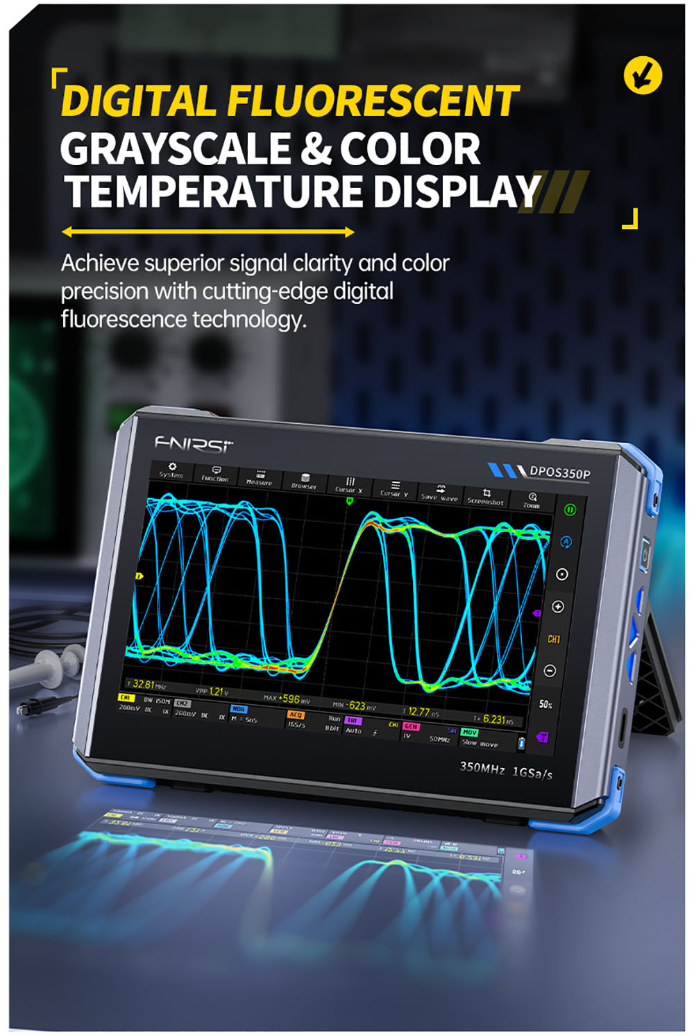 Tabletový osciloskop FNIRSI DPOS350P 4 v 1, vzorkování 1GSPS, generátor signálu 50 MHz, spektrální analyzátor, 7palcový dotykový displej, rychlé nabíjení QC18W - americká zástrčka