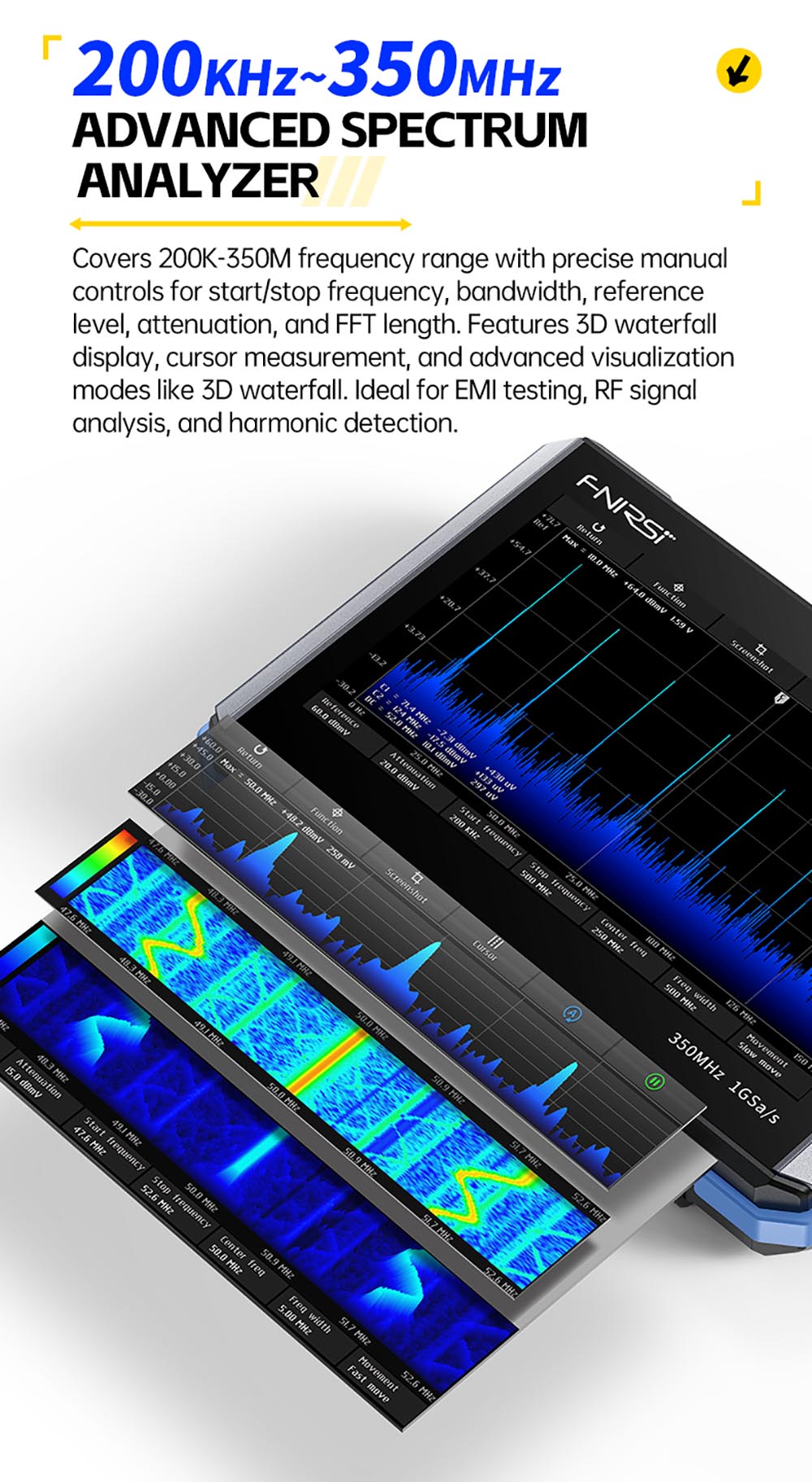 Tabletový osciloskop FNIRSI DPOS350P 4 v 1, vzorkování 1GSPS, generátor signálu 50 MHz, spektrální analyzátor, 7palcový dotykový displej, rychlé nabíjení QC18W - americká zástrčka