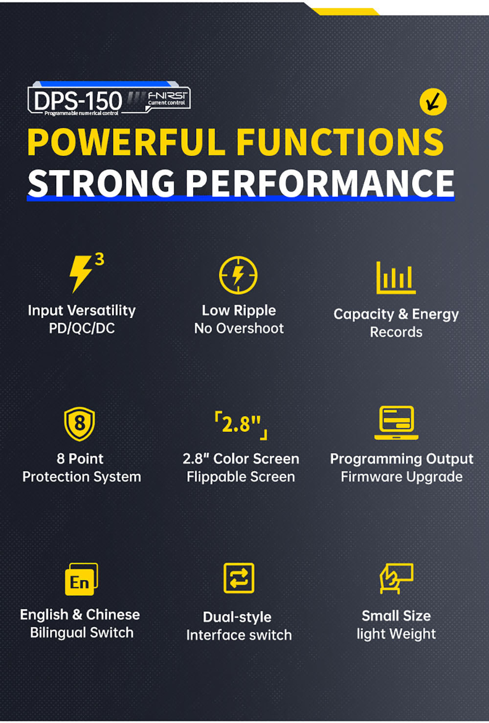 Napájecí zdroj FNIRSI DPS-150 DC, variabilní, nastavitelný 30V 5A, výkon 150W, 4místný IPS displej, otočný o 90 stupňů, zvlnění napájení <20mV, vstup PD/QC/DC, programovatelné přepínání z PC