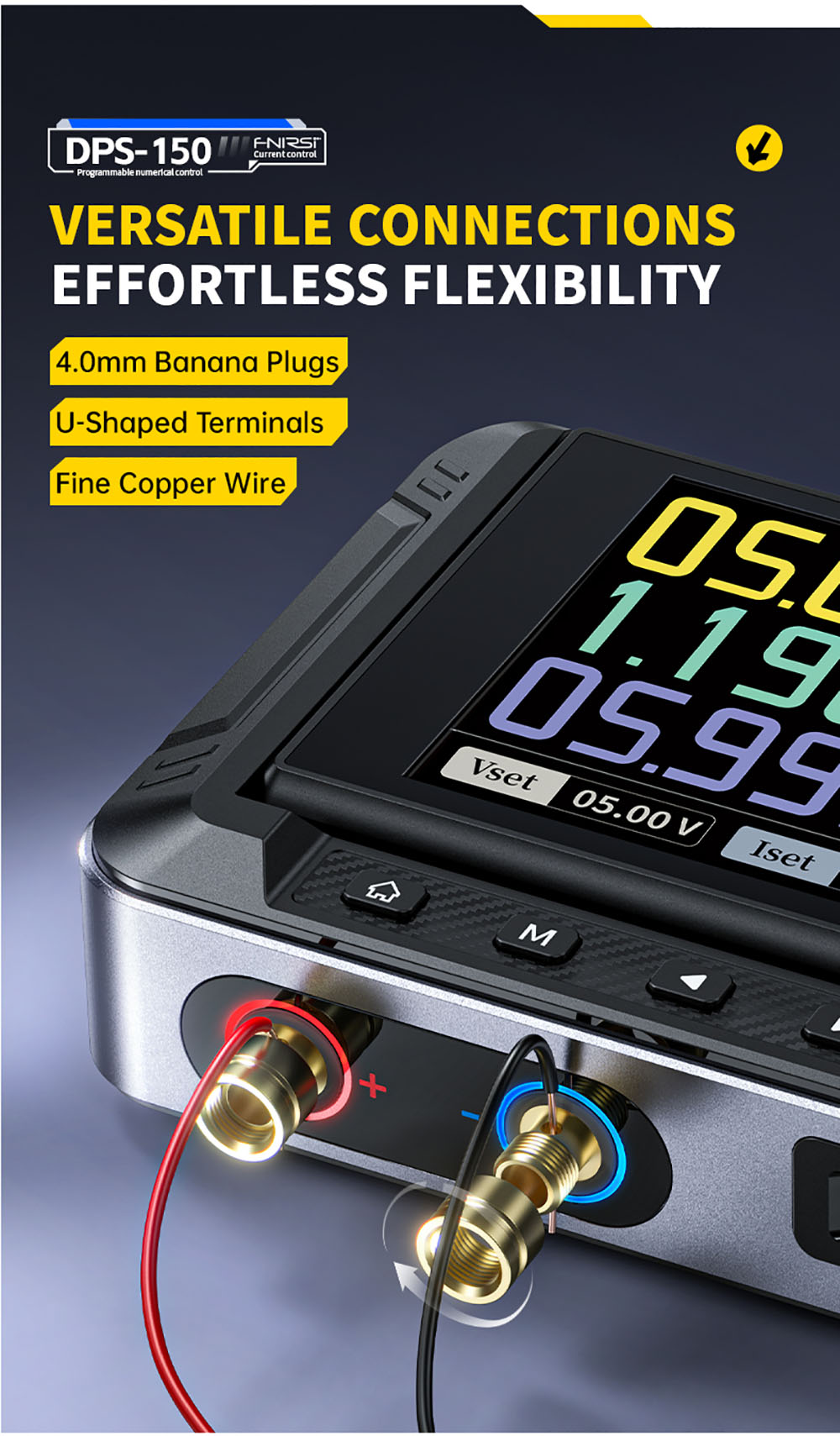Napájecí zdroj FNIRSI DPS-150 DC, variabilní, nastavitelný 30V 5A, výkon 150W, 4místný IPS displej, otočný o 90 stupňů, zvlnění napájení <20mV, vstup PD/QC/DC, programovatelné přepínání z PC