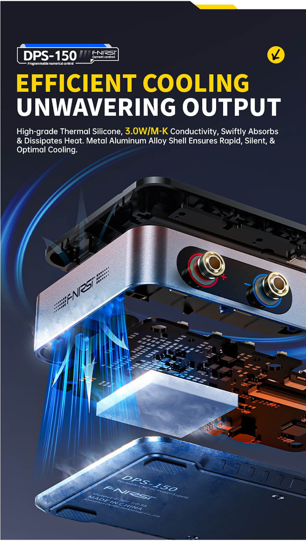 Napájecí zdroj FNIRSI DPS-150 DC, variabilní, nastavitelný 30V 5A, výkon 150W, 4místný IPS displej, otočný o 90 stupňů, zvlnění napájení <20mV, vstup PD/QC/DC, programovatelné přepínání z PC