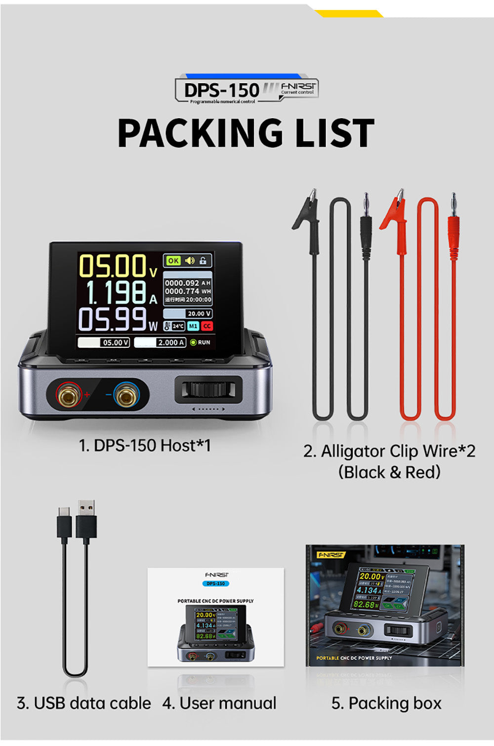 Napájecí zdroj FNIRSI DPS-150 DC, variabilní, nastavitelný 30V 5A, výkon 150W, 4místný IPS displej, otočný o 90 stupňů, zvlnění napájení <20mV, vstup PD/QC/DC, programovatelné přepínání z PC