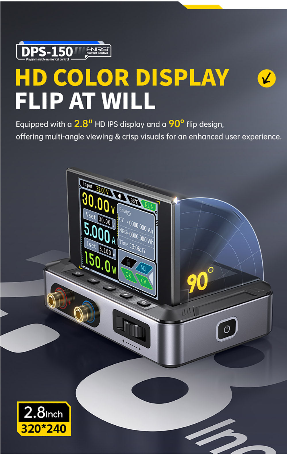 Napájecí zdroj FNIRSI DPS-150 DC, variabilní, nastavitelný 30V 5A, výkon 150W, 4místný IPS displej, otočný o 90 stupňů, zvlnění napájení <20mV, vstup PD/QC/DC, programovatelné přepínání z PC