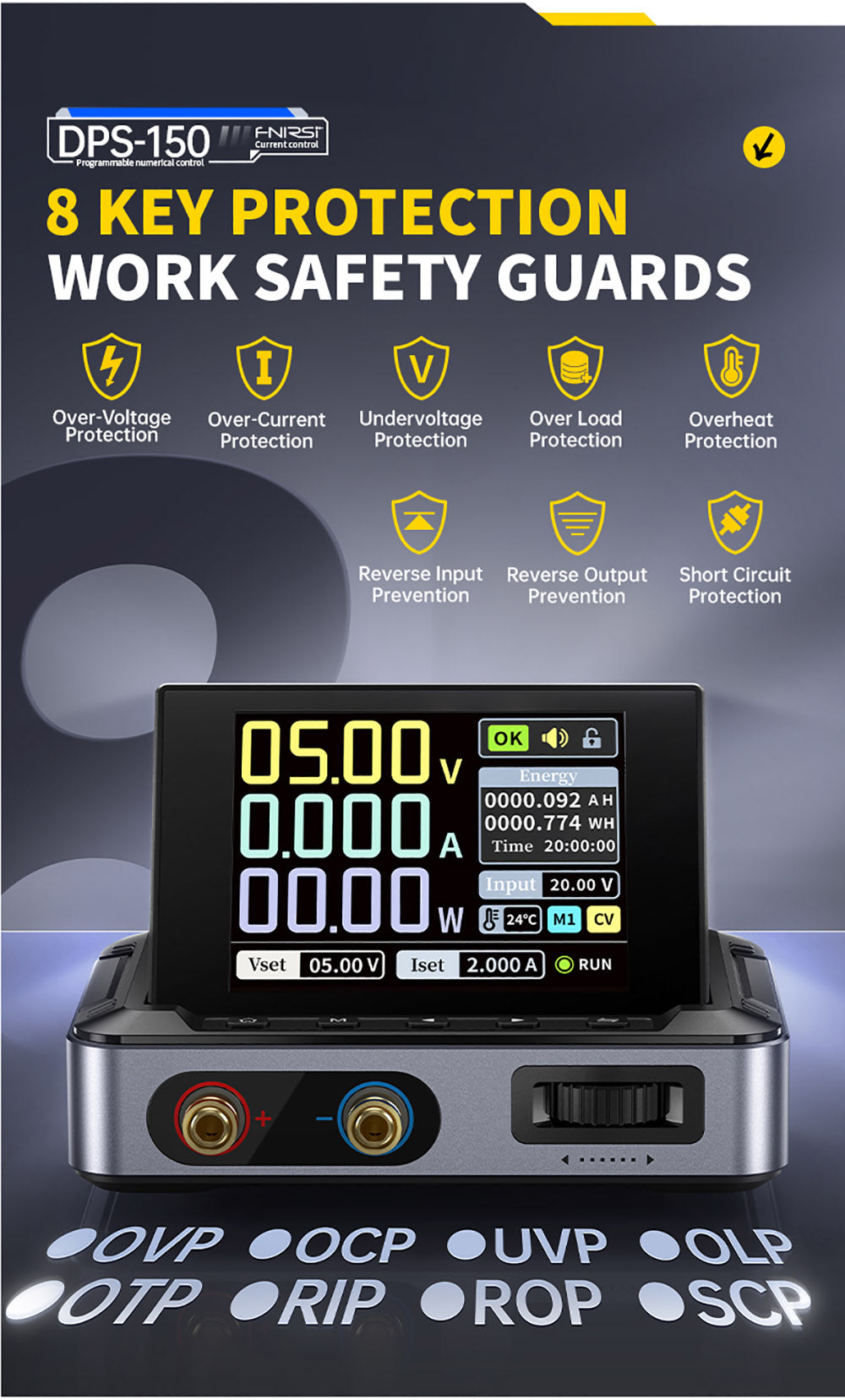 Napájecí zdroj FNIRSI DPS-150 DC, variabilní, nastavitelný 30V 5A, výkon 150W, 4místný IPS displej, otočný o 90 stupňů, zvlnění napájení <20mV, vstup PD/QC/DC, programovatelné přepínání z PC