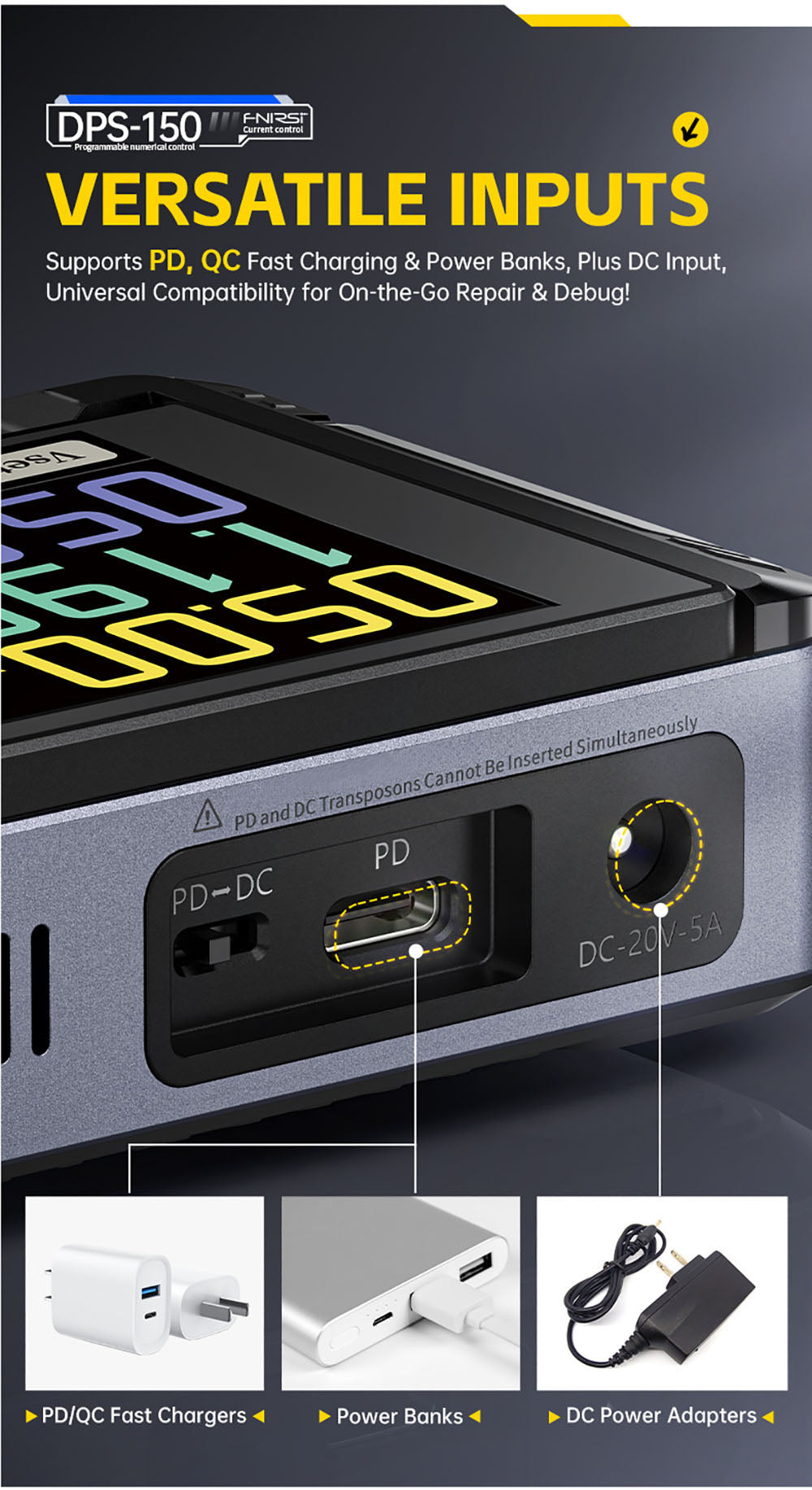 Napájecí zdroj FNIRSI DPS-150 DC, variabilní, nastavitelný 30V 5A, výkon 150W, 4místný IPS displej, otočný o 90 stupňů, zvlnění napájení <20mV, vstup PD/QC/DC, programovatelné přepínání z PC