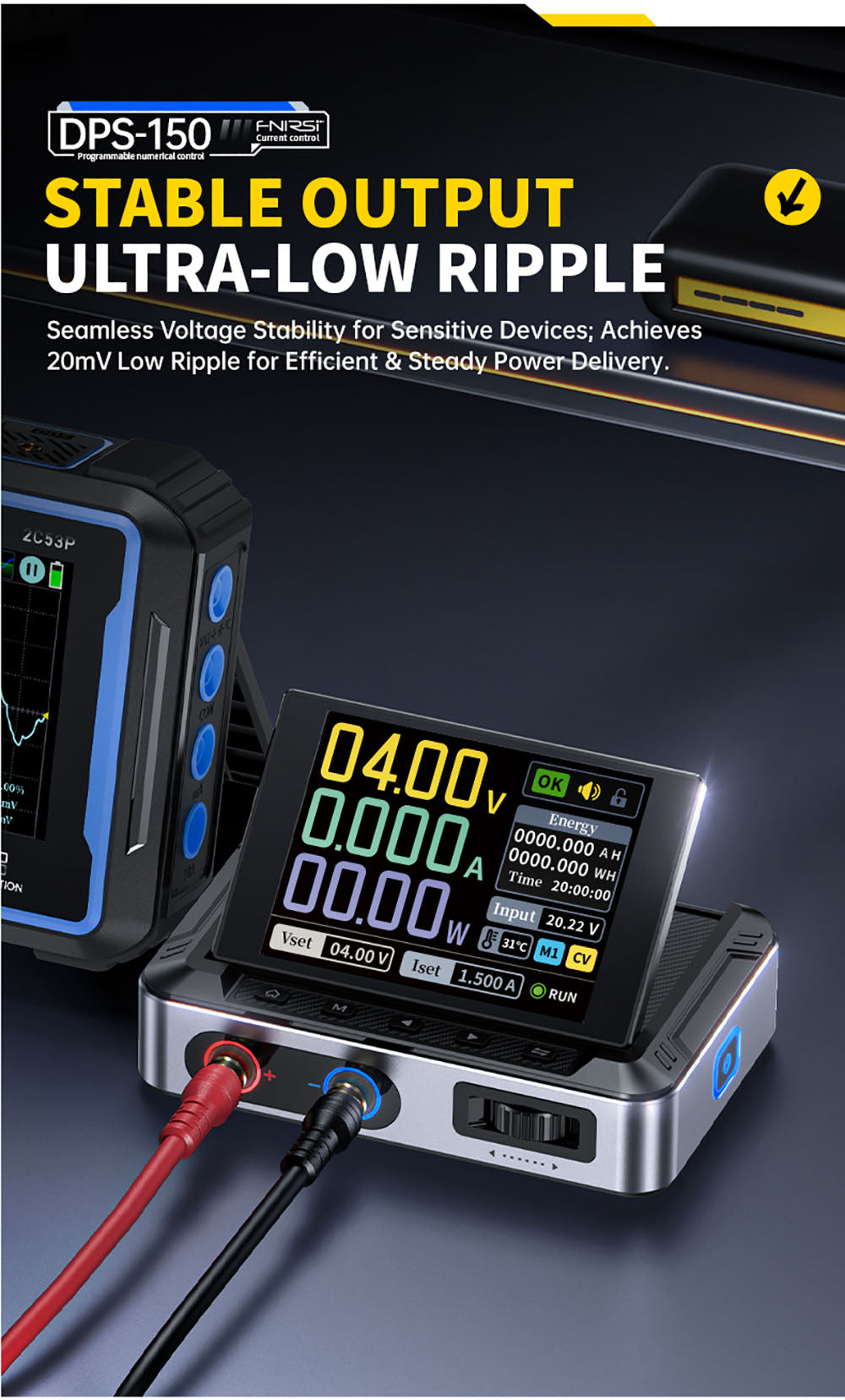 Napájecí zdroj FNIRSI DPS-150 DC, variabilní, nastavitelný 30V 5A, výkon 150W, 4místný IPS displej, otočný o 90 stupňů, zvlnění napájení <20mV, vstup PD/QC/DC, programovatelné přepínání z PC