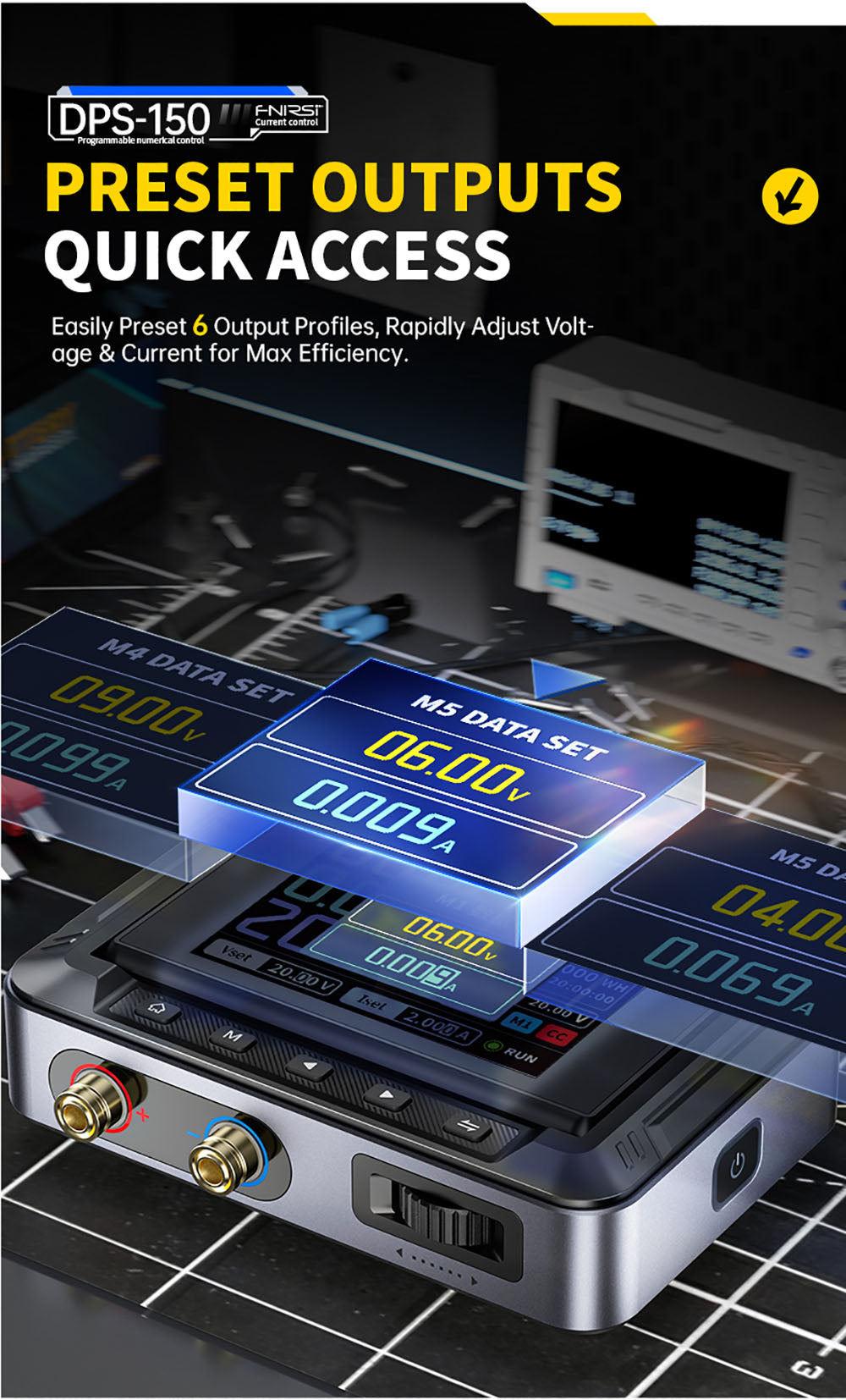 Napájecí zdroj FNIRSI DPS-150 DC, variabilní, nastavitelný 30V 5A, výkon 150W, 4místný IPS displej, otočný o 90 stupňů, zvlnění napájení <20mV, vstup PD/QC/DC, programovatelné přepínání z PC